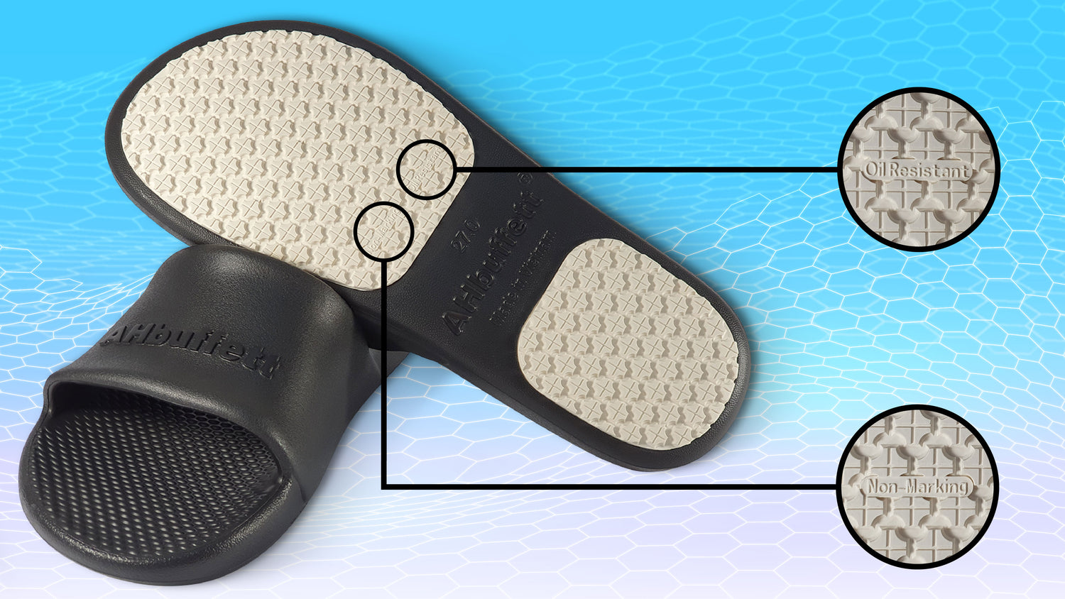 Oil resistant and non-marking sole design.